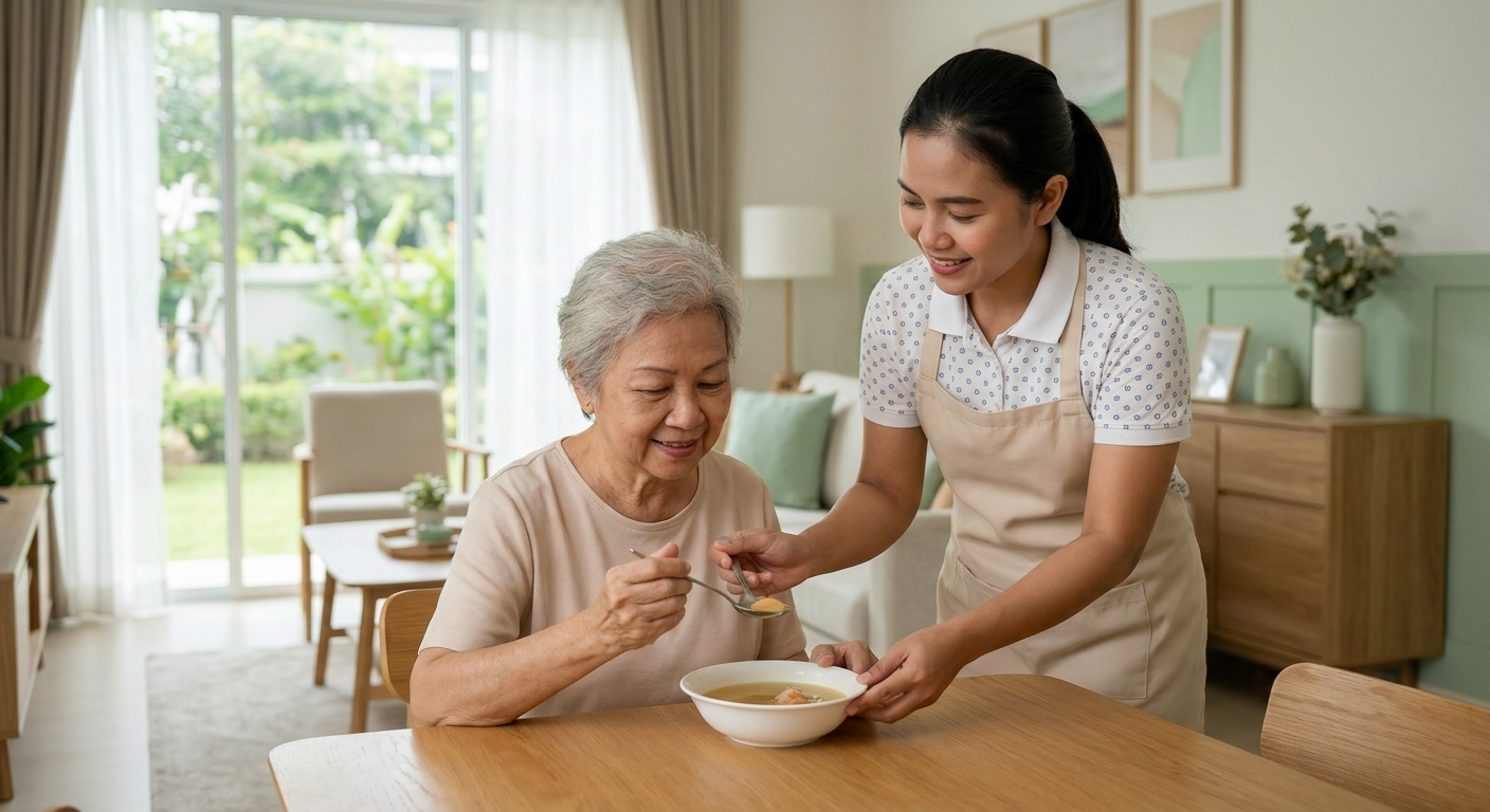 Indonesian domestic helper serving a meal to an elderly family member at home in Malaysia